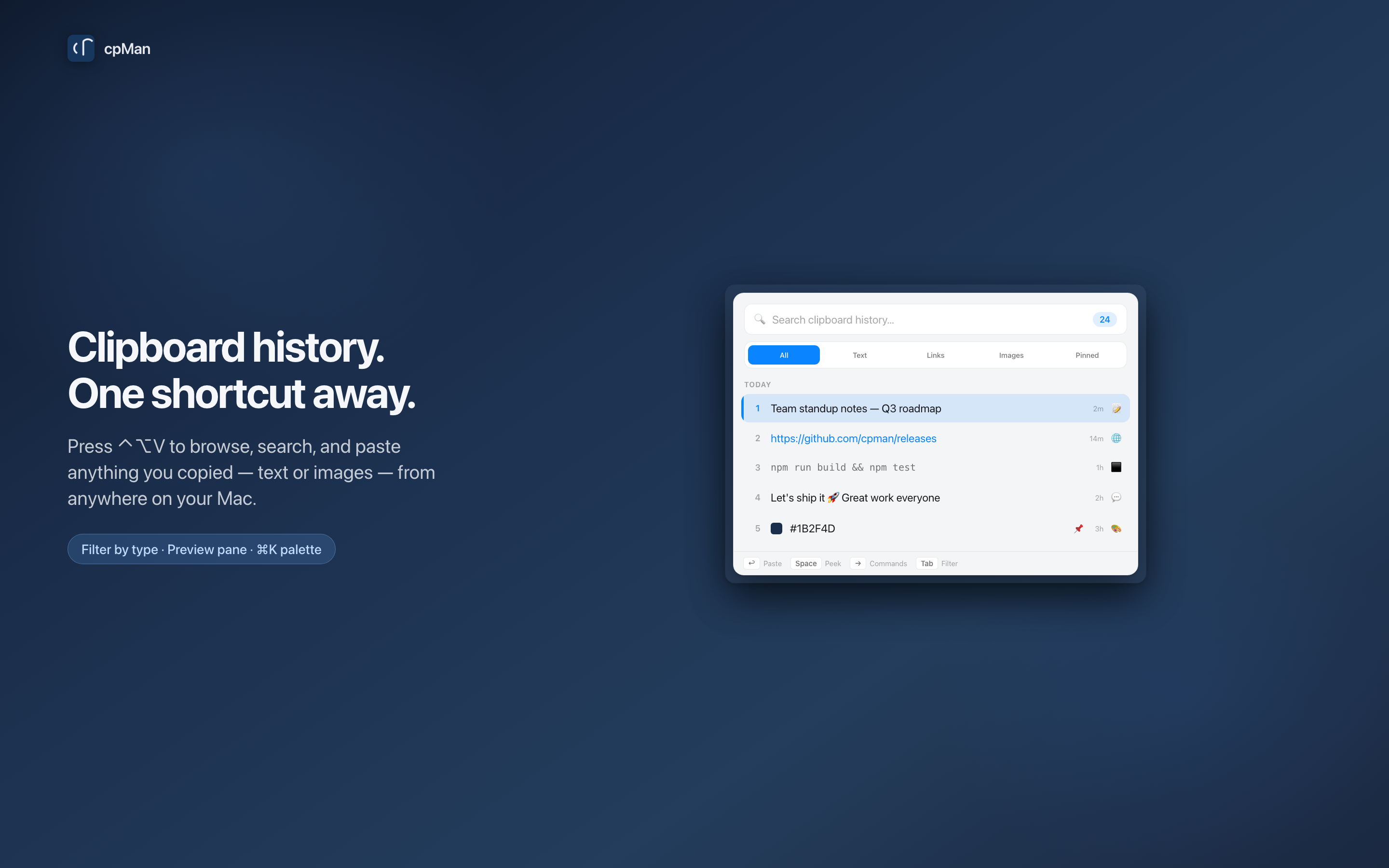 cpMan picker with type filter tabs, day groupings, app icons, and hint bar