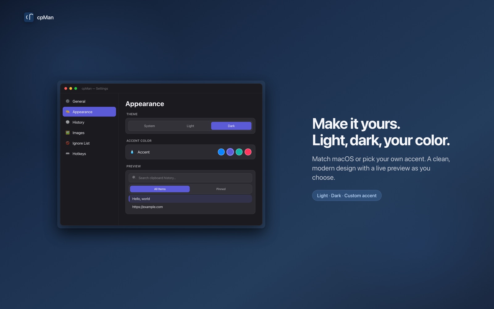 cpMan appearance settings with themes