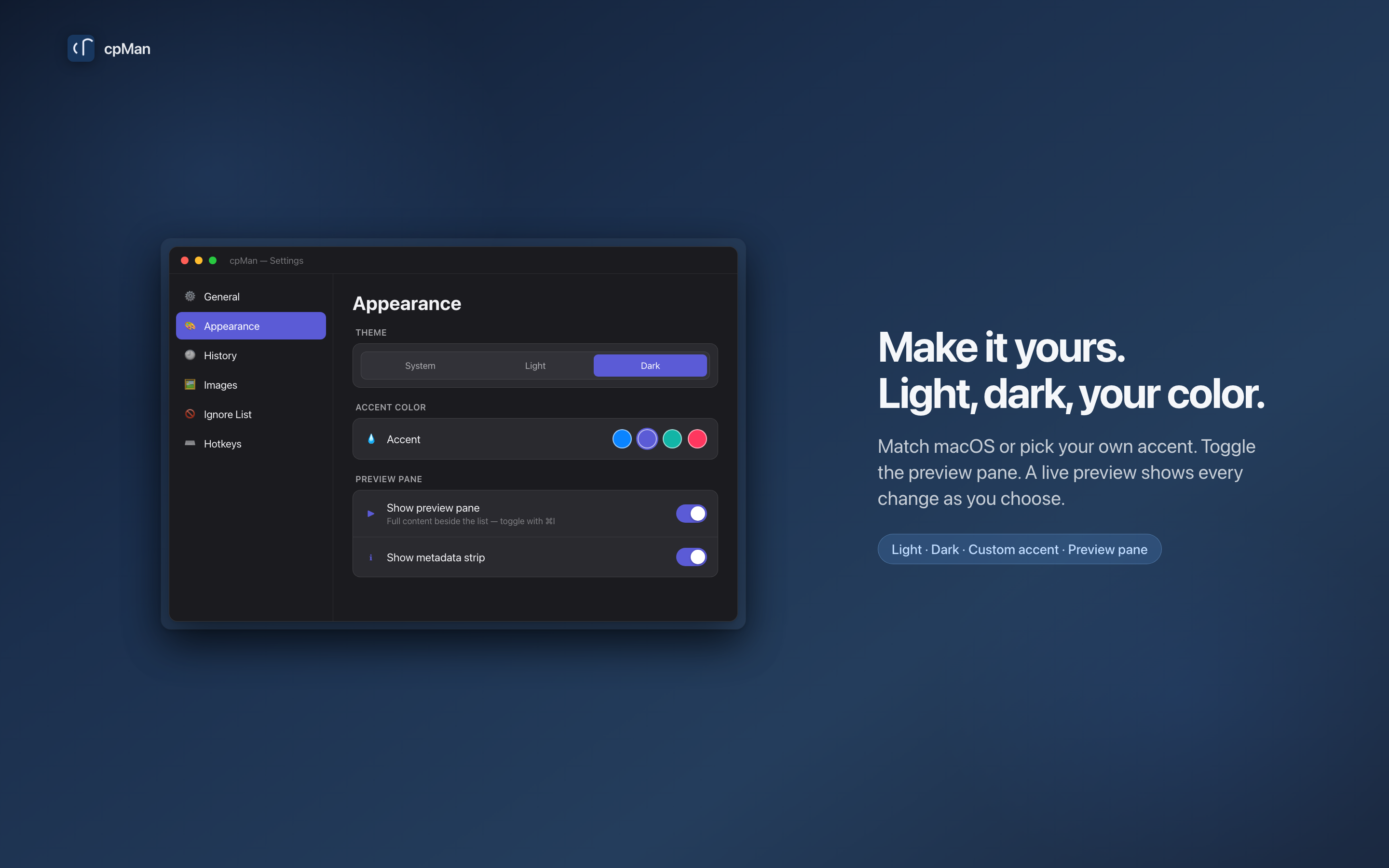cpMan appearance settings with themes and accent color