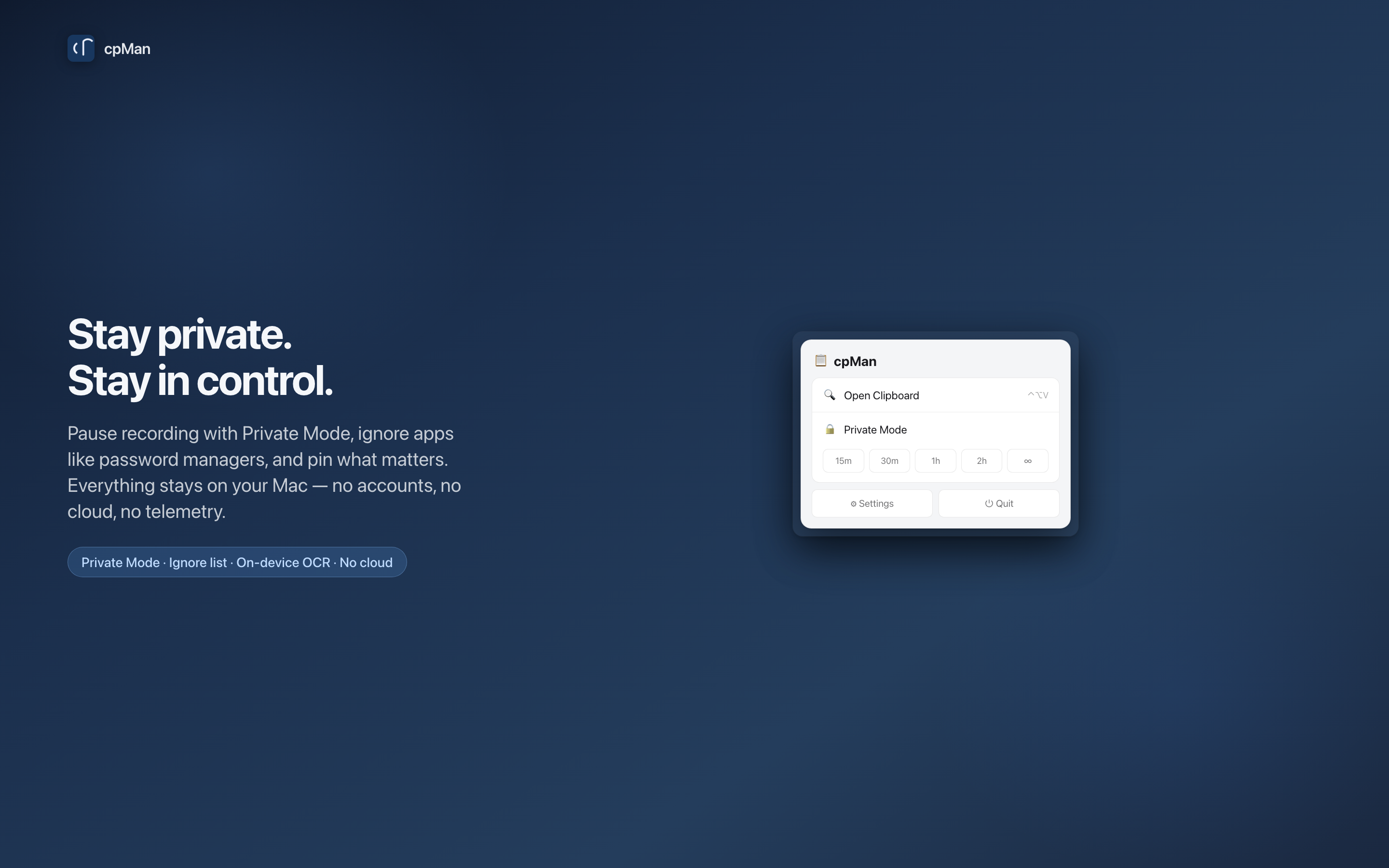 cpMan Private Mode with duration picker